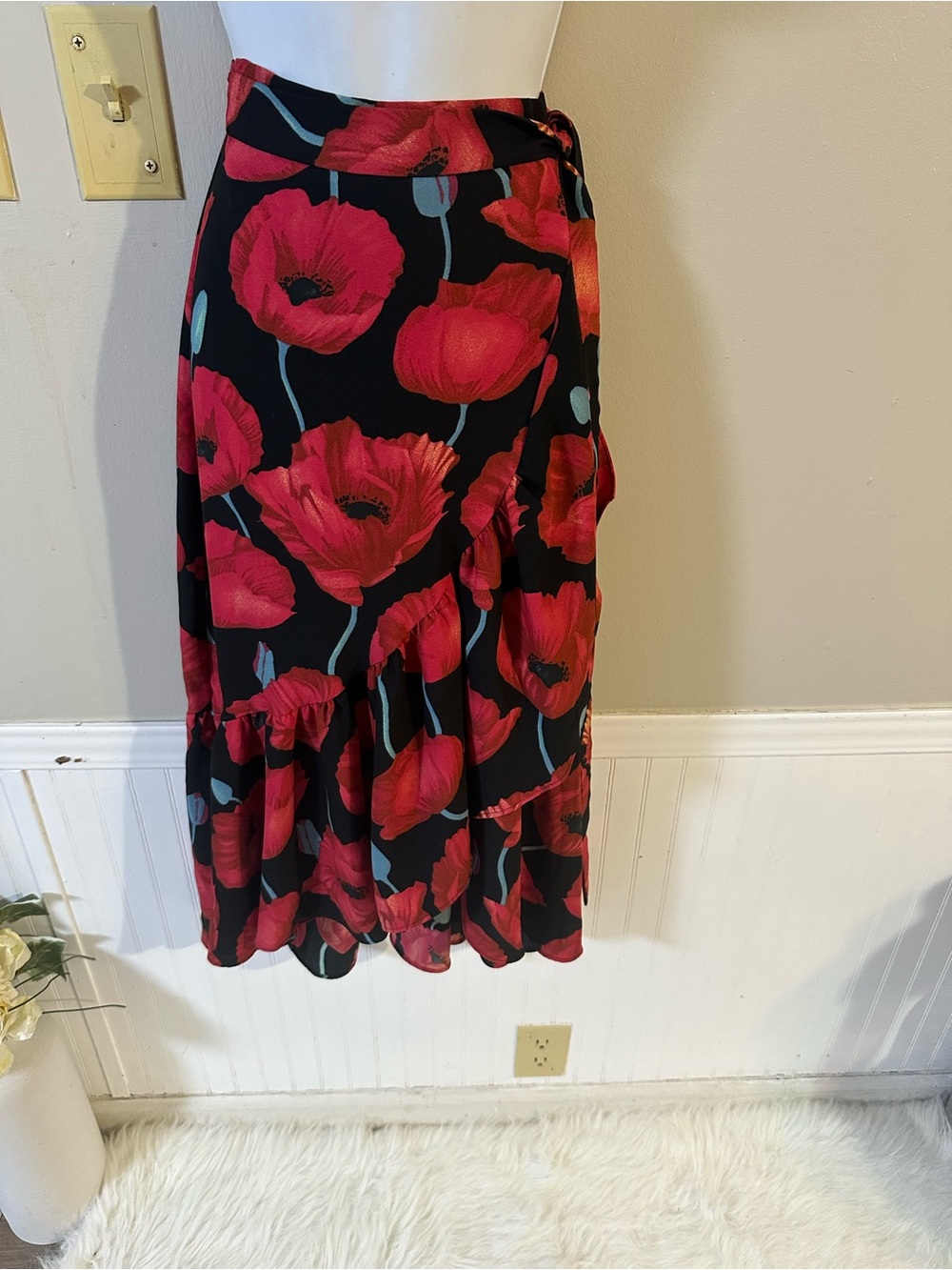 H&M Black Maxi Wrap Skirt with Red Floral Print